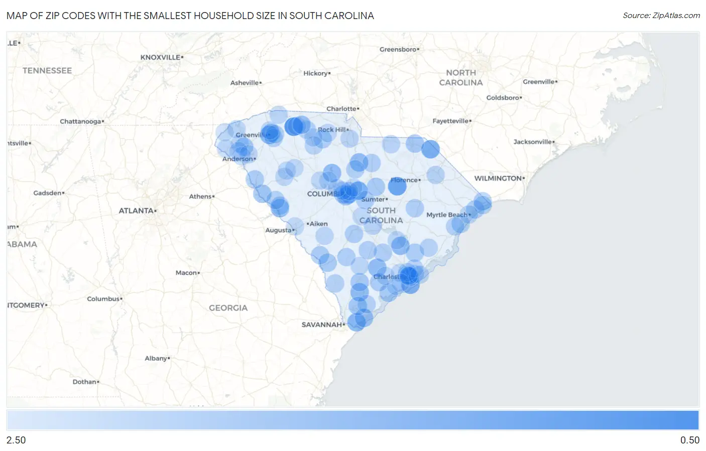 Zip Codes with the Smallest Household Size in South Carolina Map