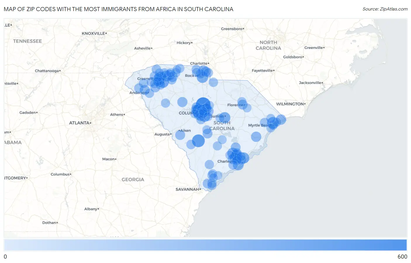 Zip Codes with the Most Immigrants from Africa in South Carolina Map