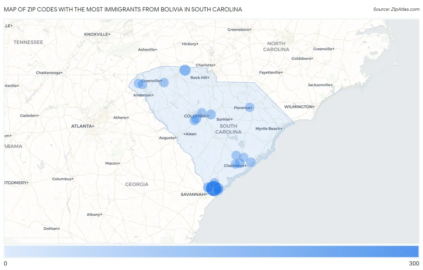 Zip Codes with the Most Immigrants from Bolivia in South Carolina Map