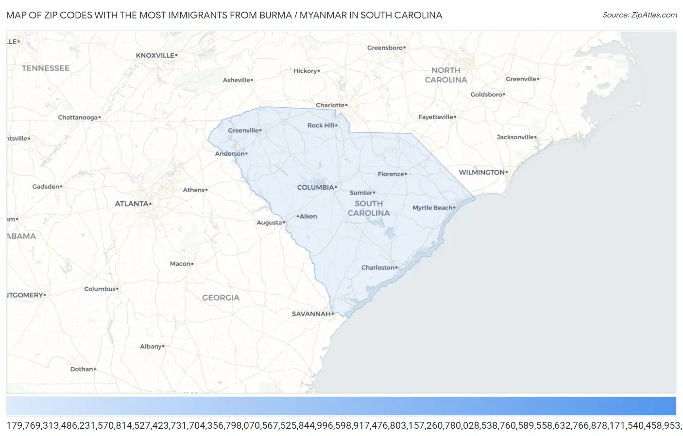 Zip Codes with the Most Immigrants from Burma / Myanmar in South Carolina Map