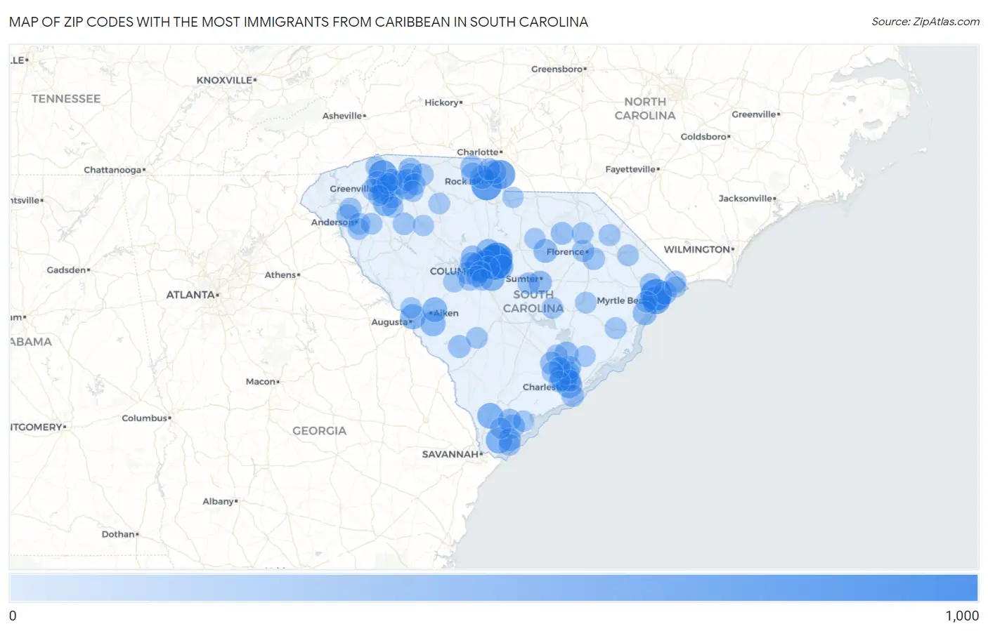 Zip Codes with the Most Immigrants from Caribbean in South Carolina Map