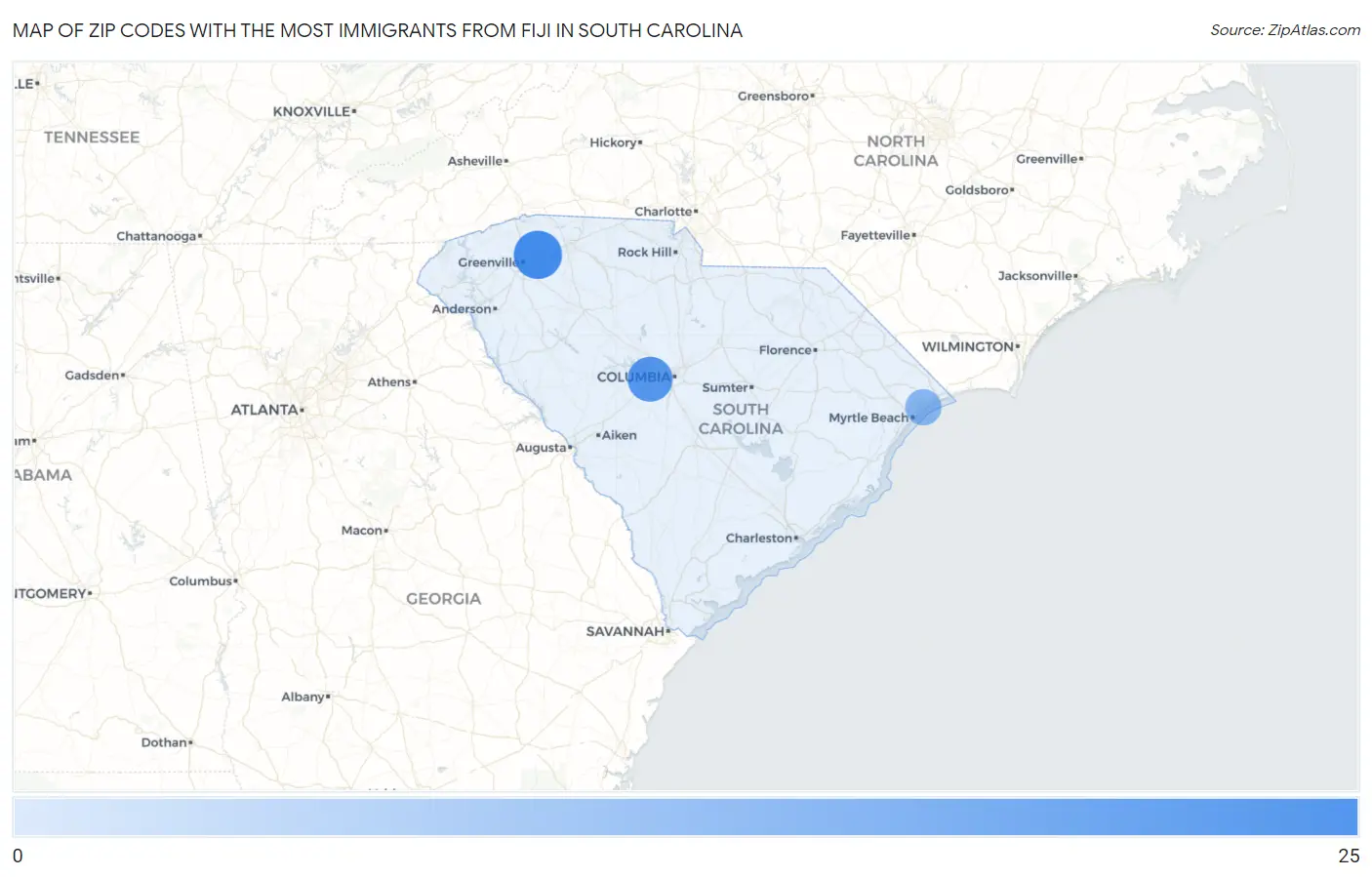 Zip Codes with the Most Immigrants from Fiji in South Carolina Map