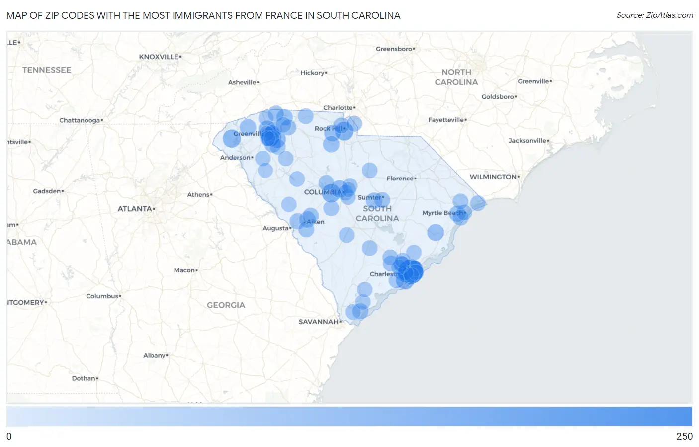 Zip Codes with the Most Immigrants from France in South Carolina Map