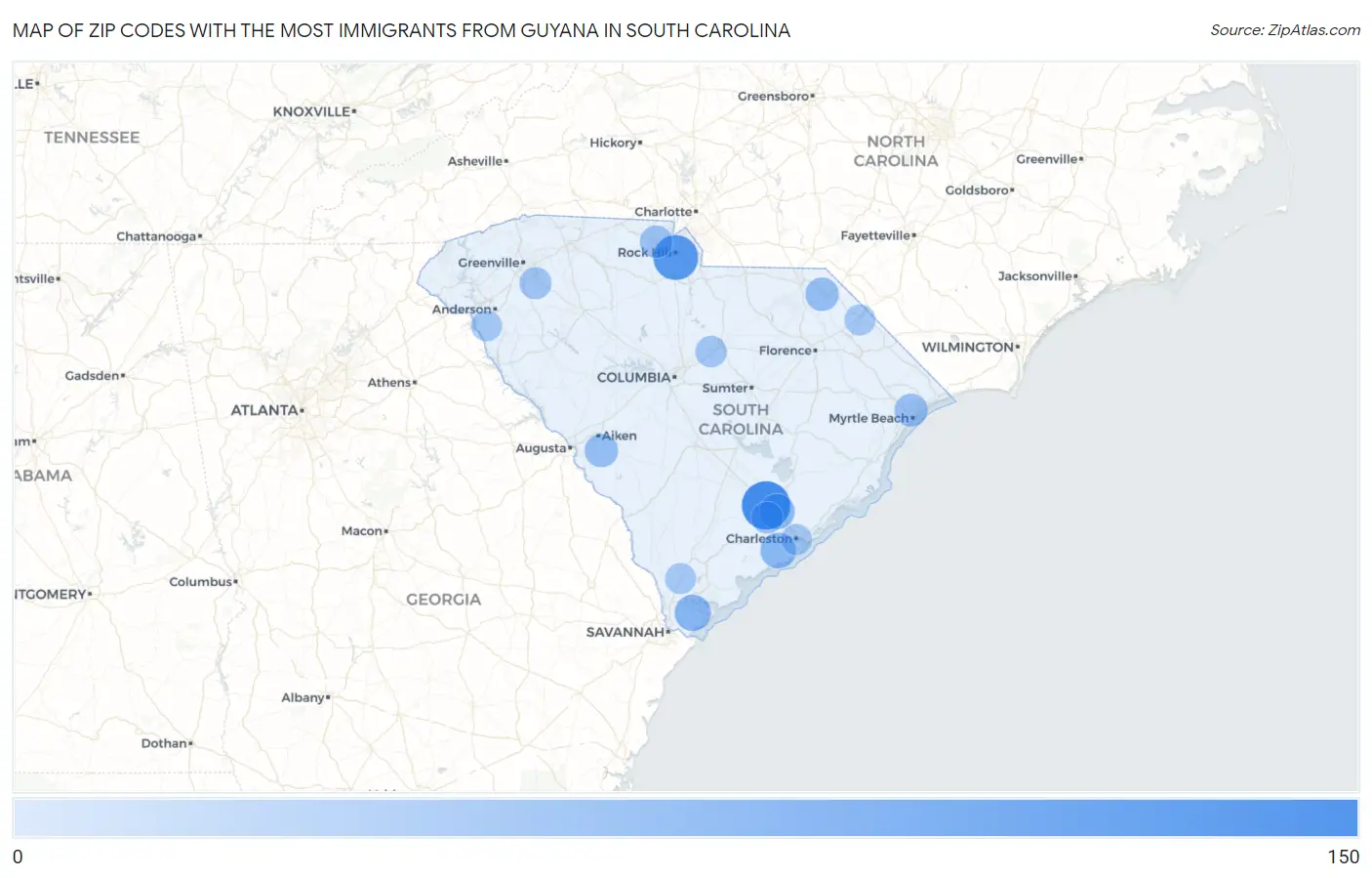 Zip Codes with the Most Immigrants from Guyana in South Carolina Map