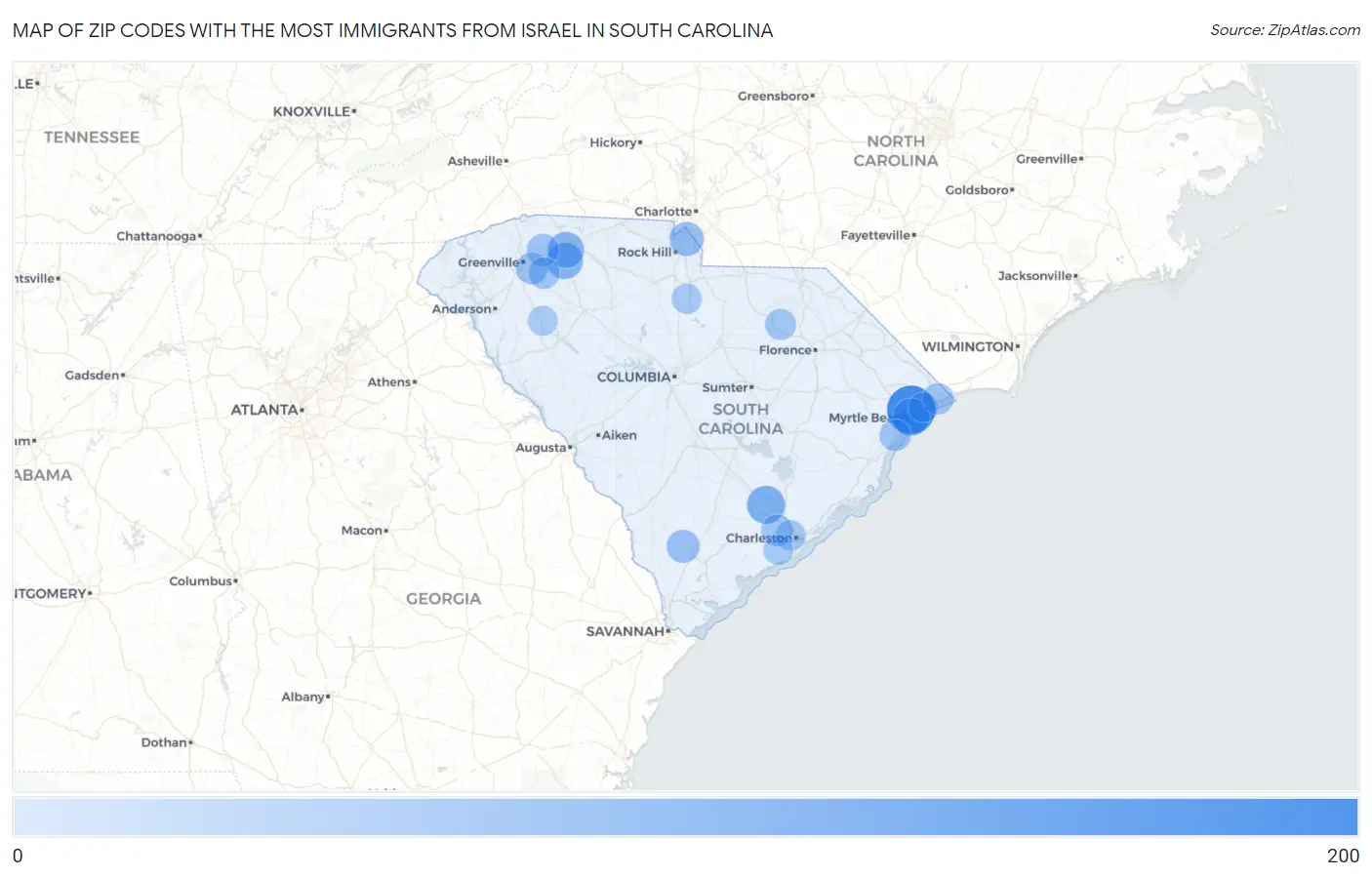 Zip Codes with the Most Immigrants from Israel in South Carolina Map