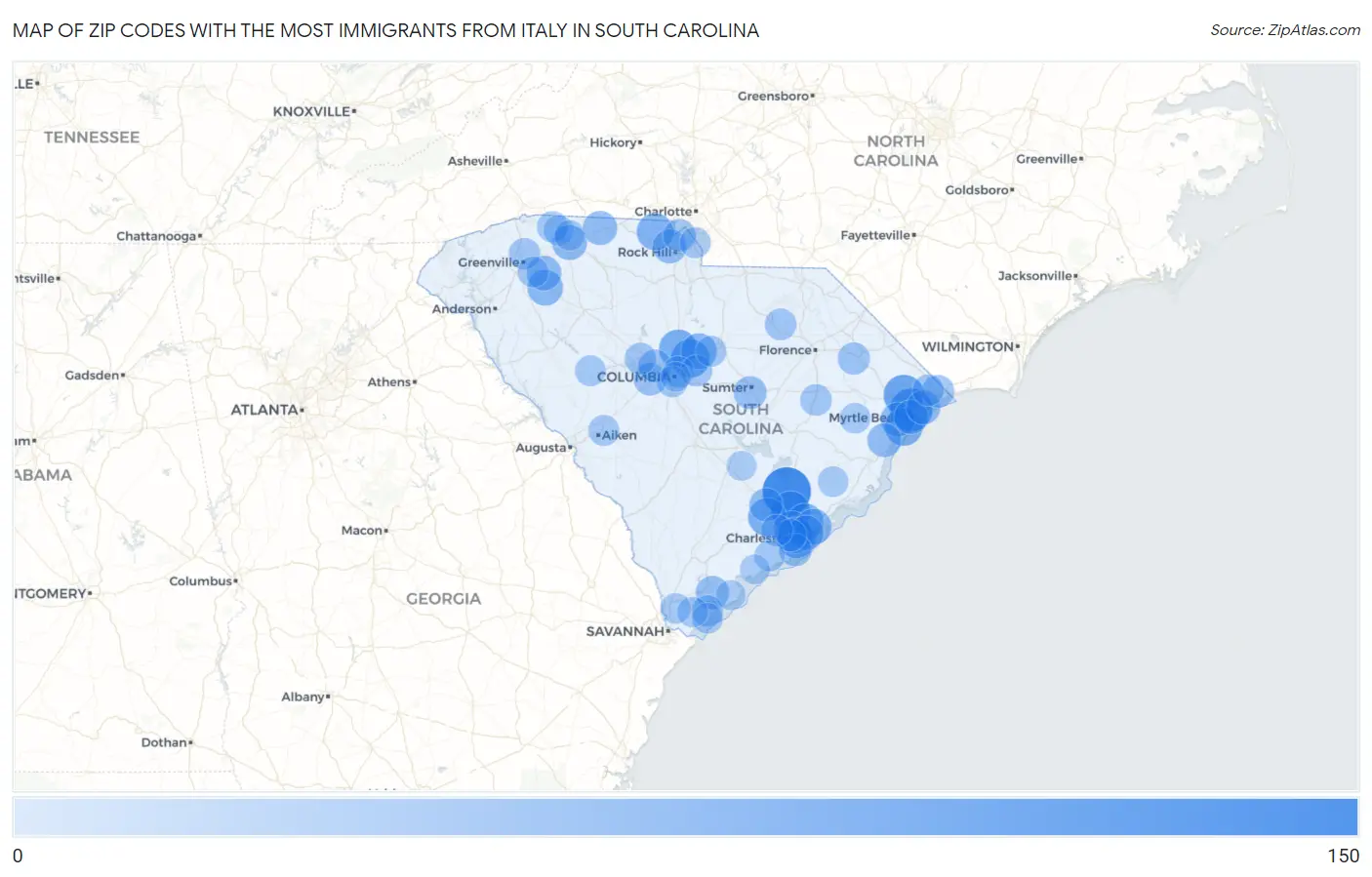 Zip Codes with the Most Immigrants from Italy in South Carolina Map