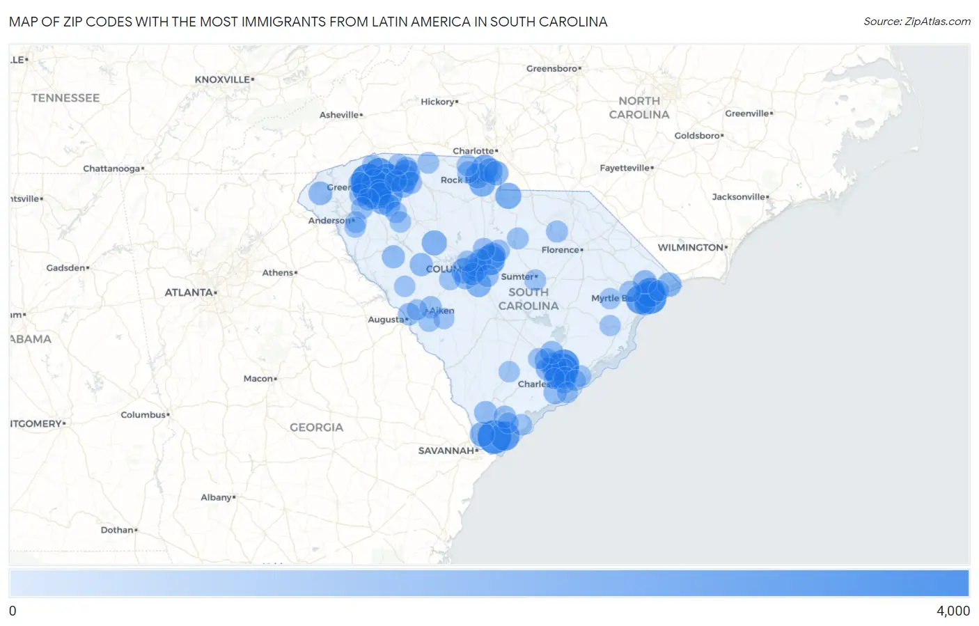 Zip Codes with the Most Immigrants from Latin America in South Carolina Map