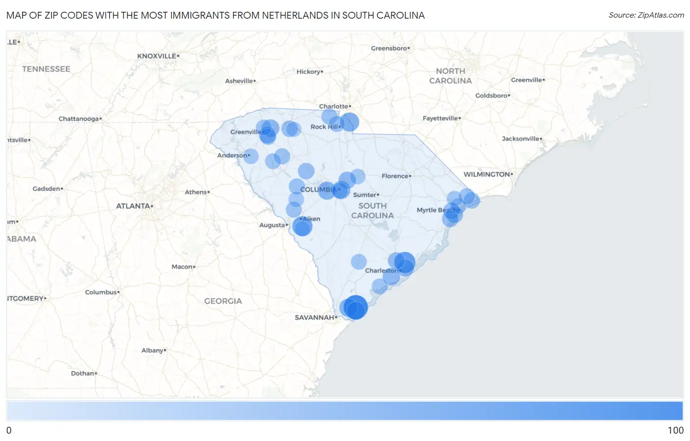 Zip Codes with the Most Immigrants from Netherlands in South Carolina Map