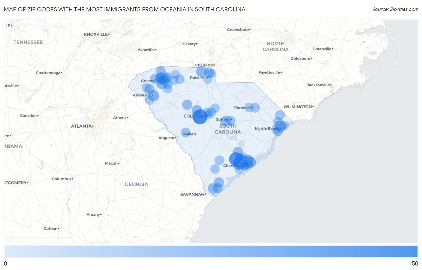 Zip Codes with the Most Immigrants from Oceania in South Carolina Map