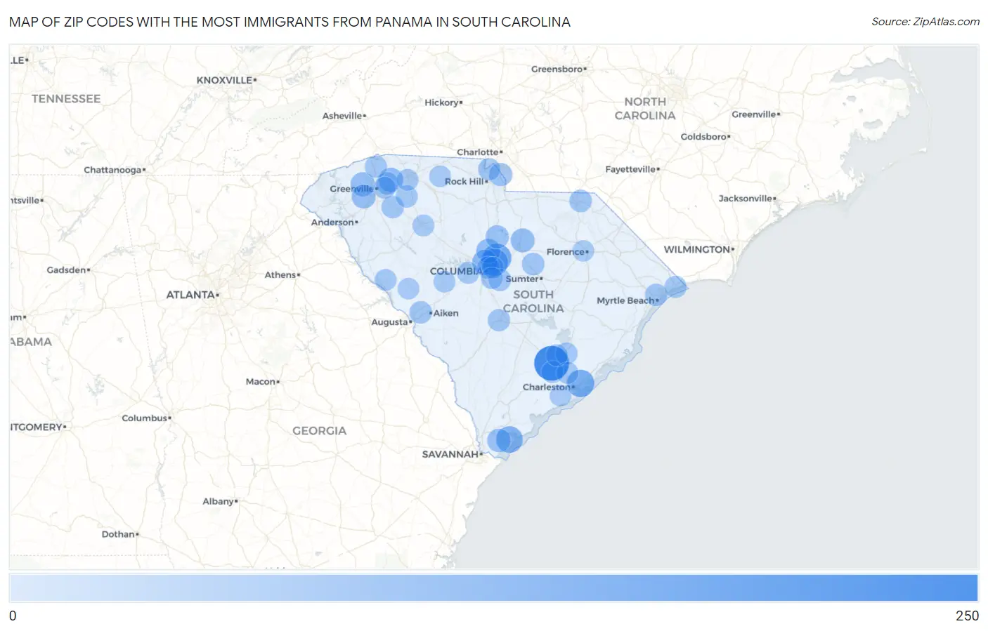 Zip Codes with the Most Immigrants from Panama in South Carolina Map