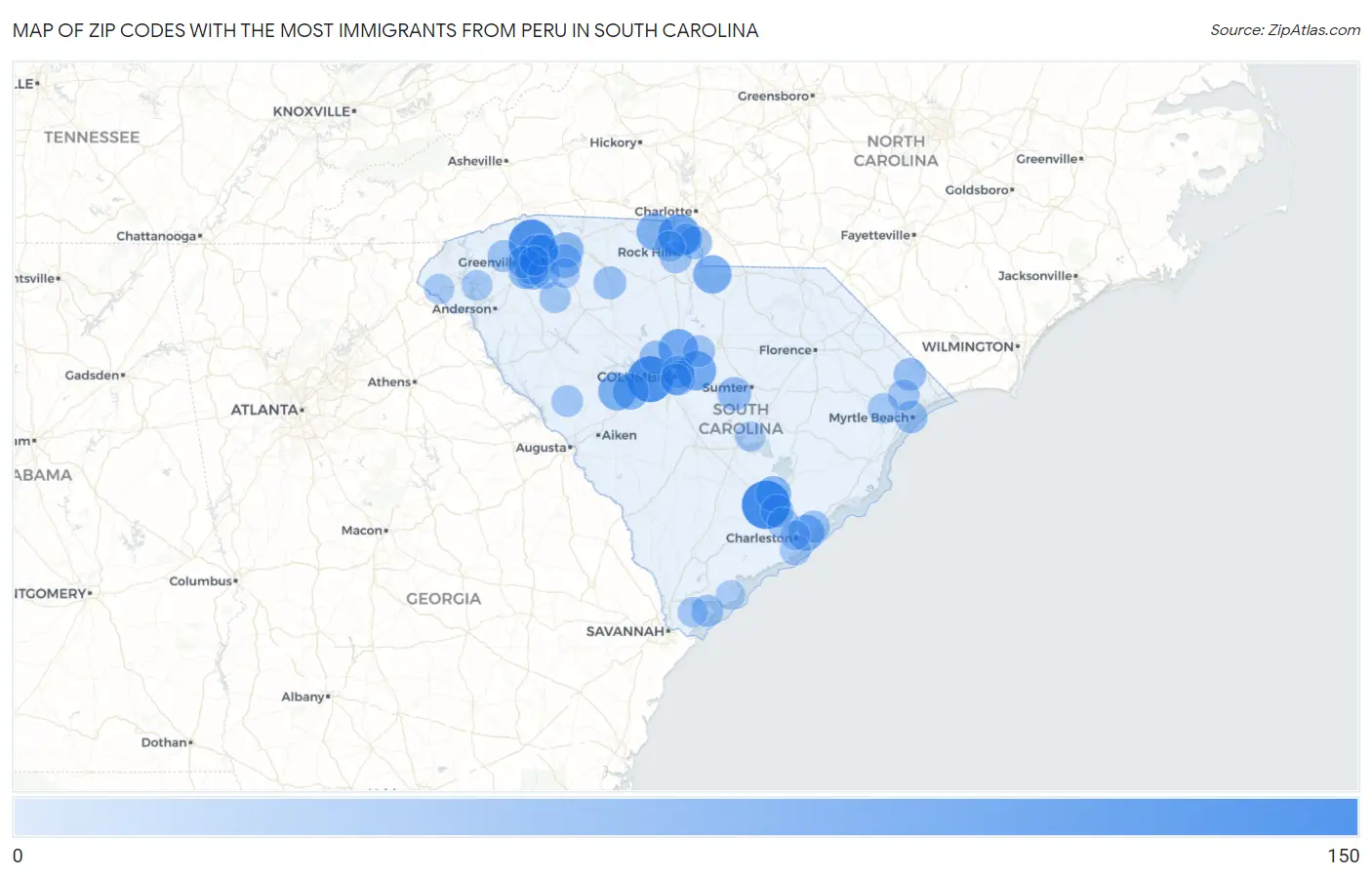 Zip Codes with the Most Immigrants from Peru in South Carolina Map