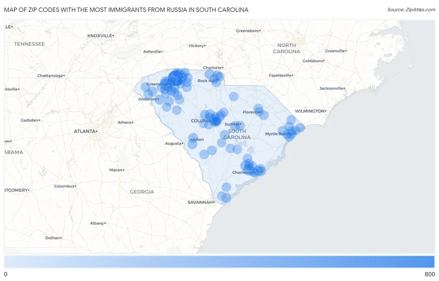 Zip Codes with the Most Immigrants from Russia in South Carolina Map