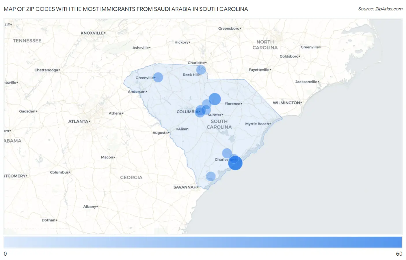 Zip Codes with the Most Immigrants from Saudi Arabia in South Carolina Map