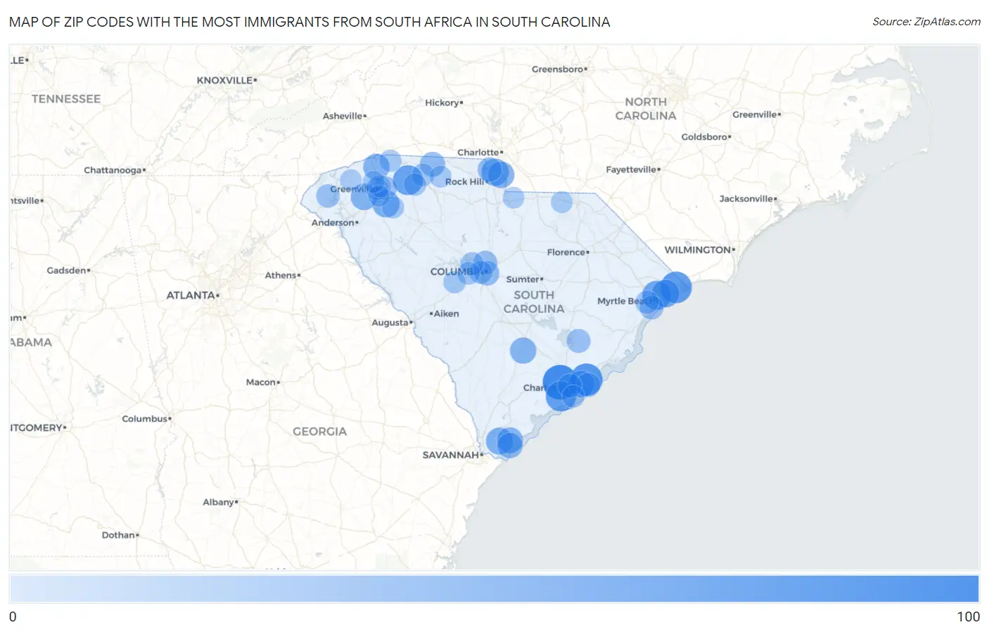 Zip Codes with the Most Immigrants from South Africa in South Carolina Map