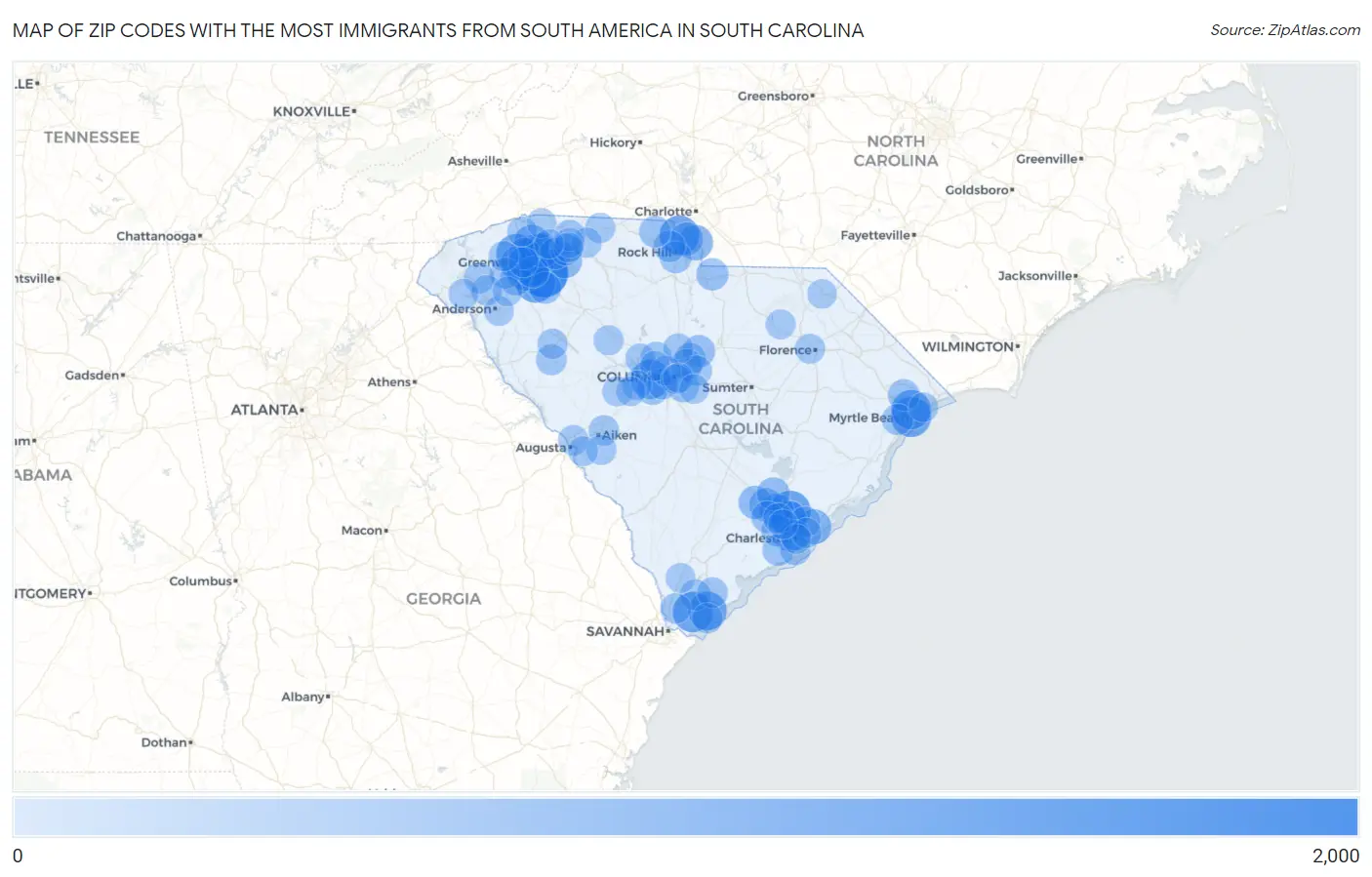Zip Codes with the Most Immigrants from South America in South Carolina Map