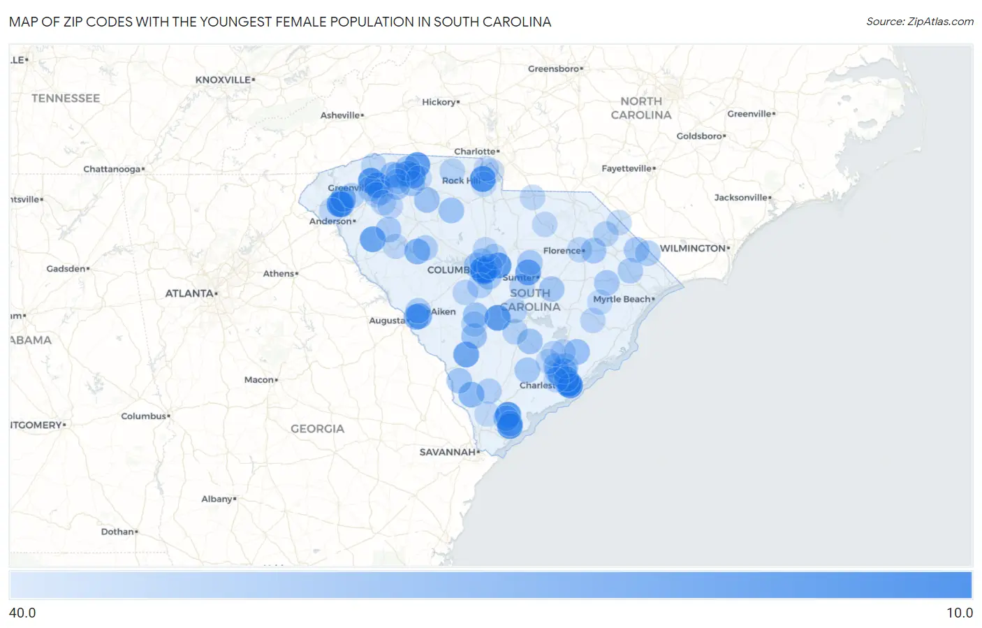 Zip Codes with the Youngest Female Population in South Carolina Map
