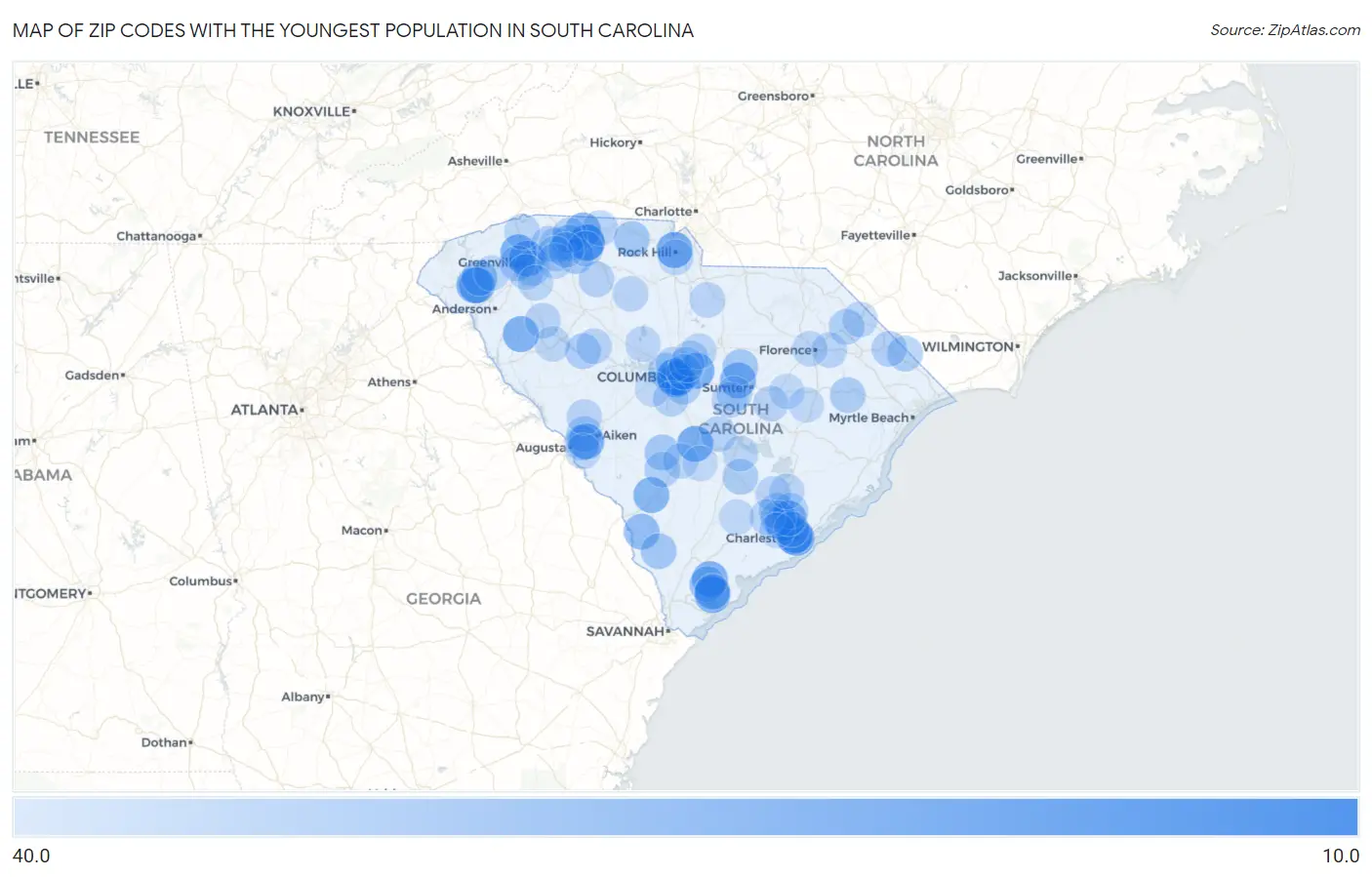 Zip Codes with the Youngest Population in South Carolina Map