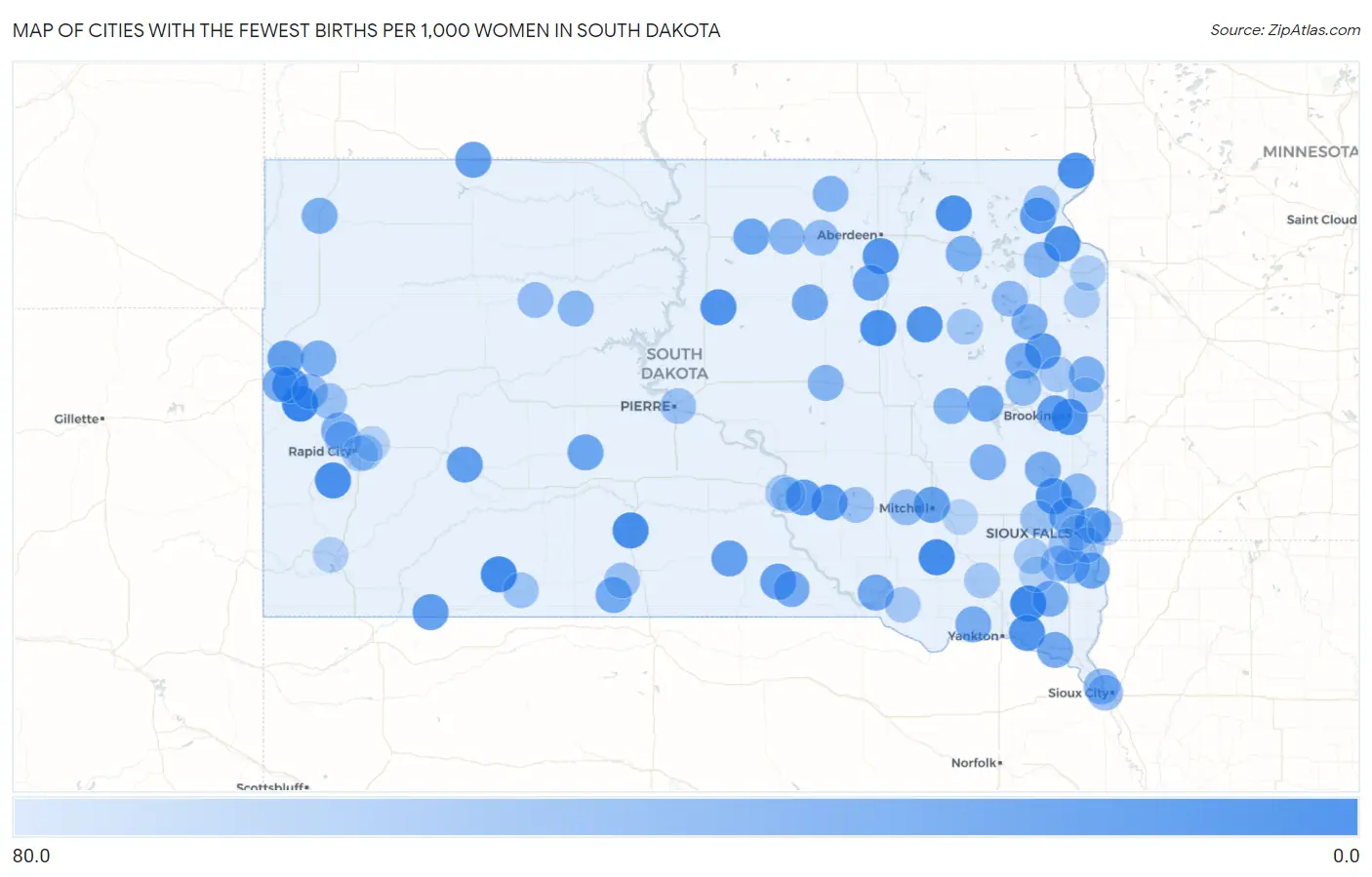 Cities with the Fewest Births per 1,000 Women in South Dakota Map