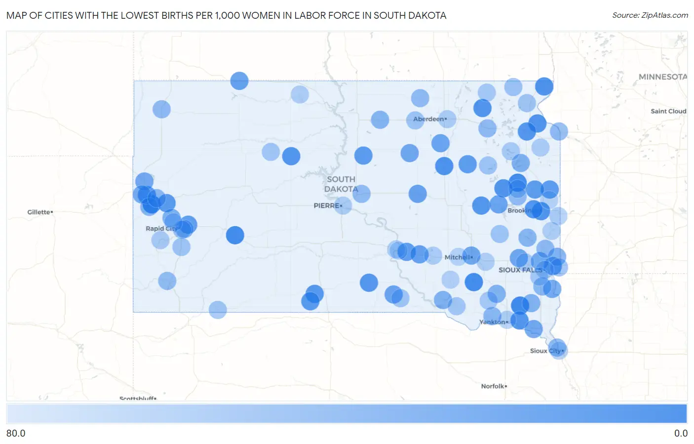 Cities with the Lowest Births per 1,000 Women in Labor Force in South Dakota Map
