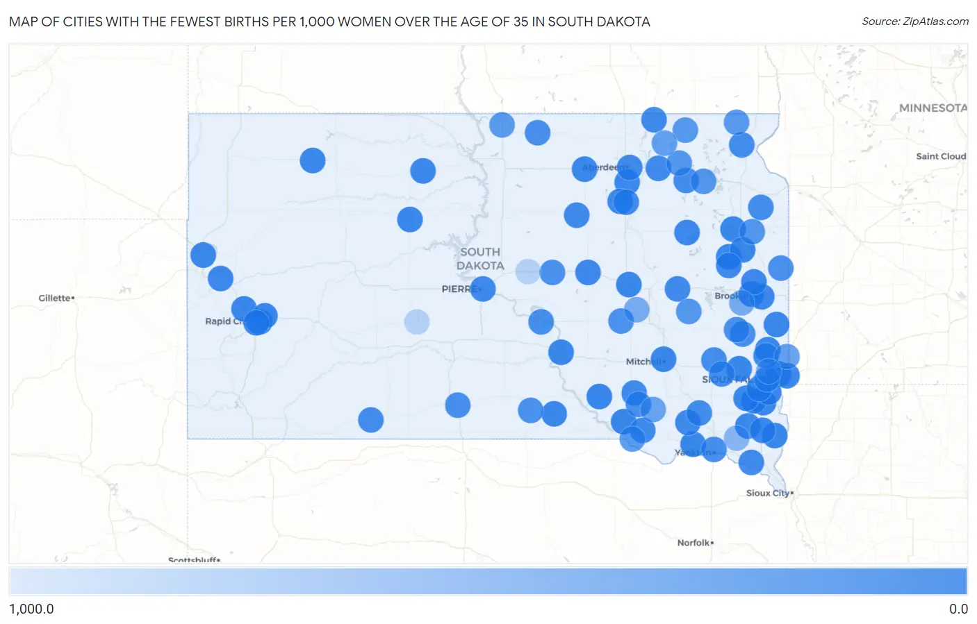 Cities with the Fewest Births per 1,000 Women Over the Age of 35 in South Dakota Map