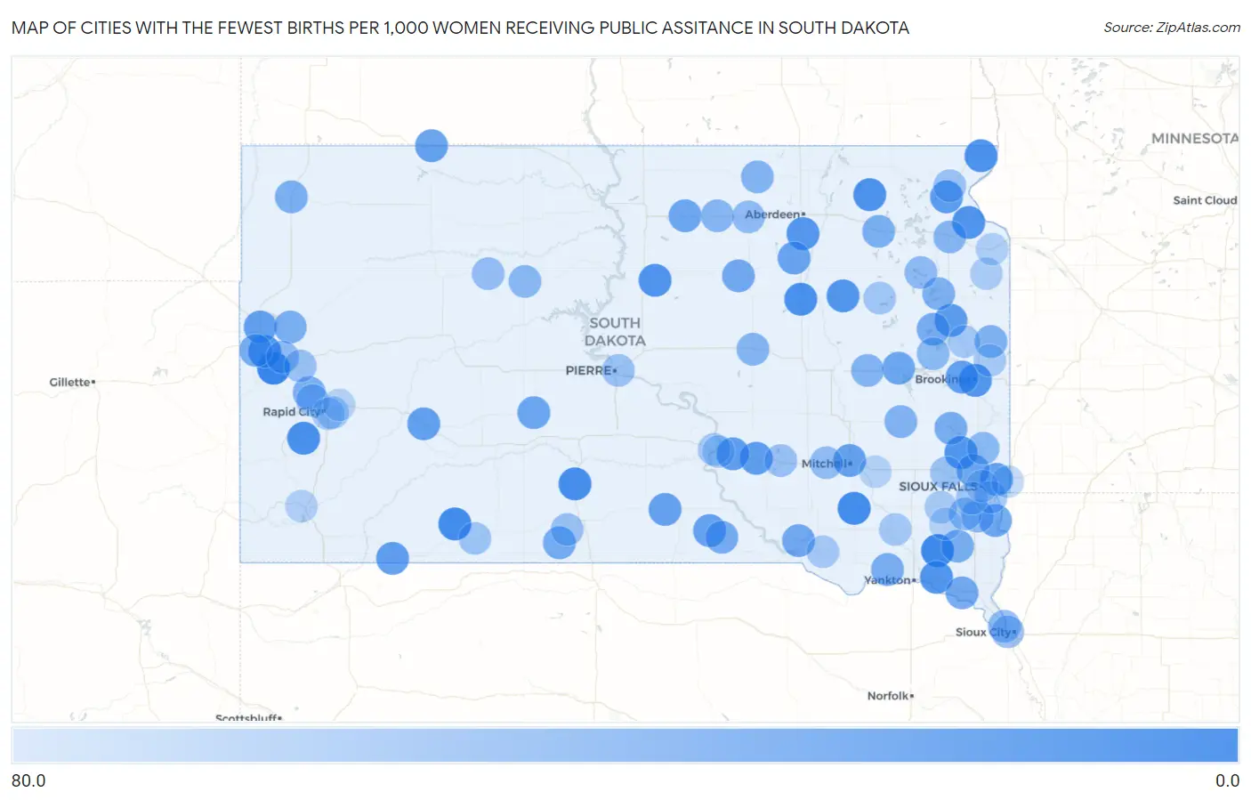 Cities with the Fewest Births per 1,000 Women Receiving Public Assitance in South Dakota Map
