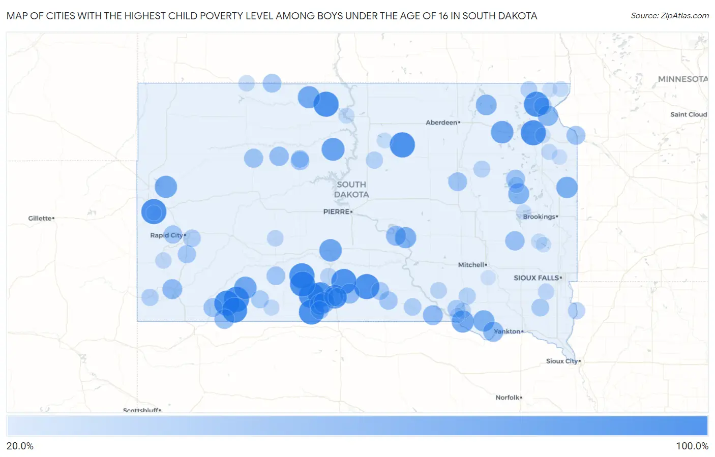 Cities with the Highest Child Poverty Level Among Boys Under the Age of 16 in South Dakota Map