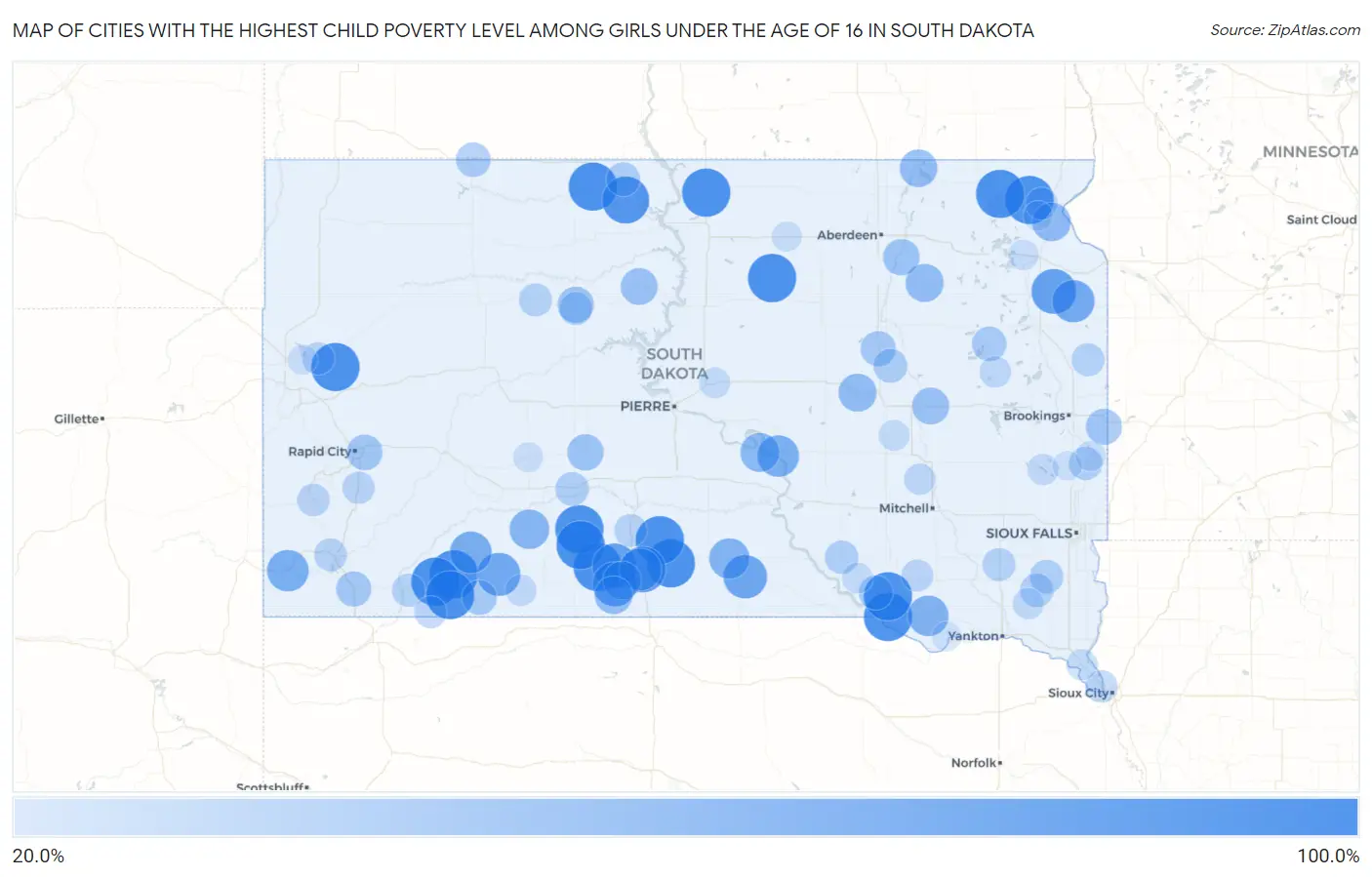 Cities with the Highest Child Poverty Level Among Girls Under the Age of 16 in South Dakota Map