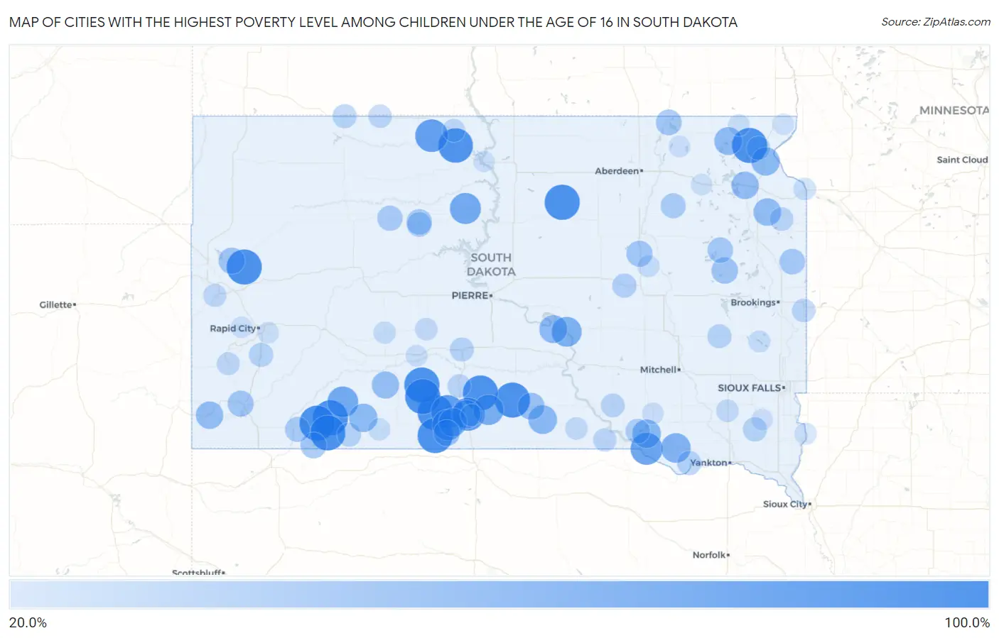Cities with the Highest Poverty Level Among Children Under the Age of 16 in South Dakota Map