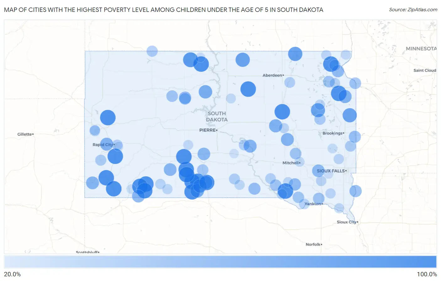 Cities with the Highest Poverty Level Among Children Under the Age of 5 in South Dakota Map