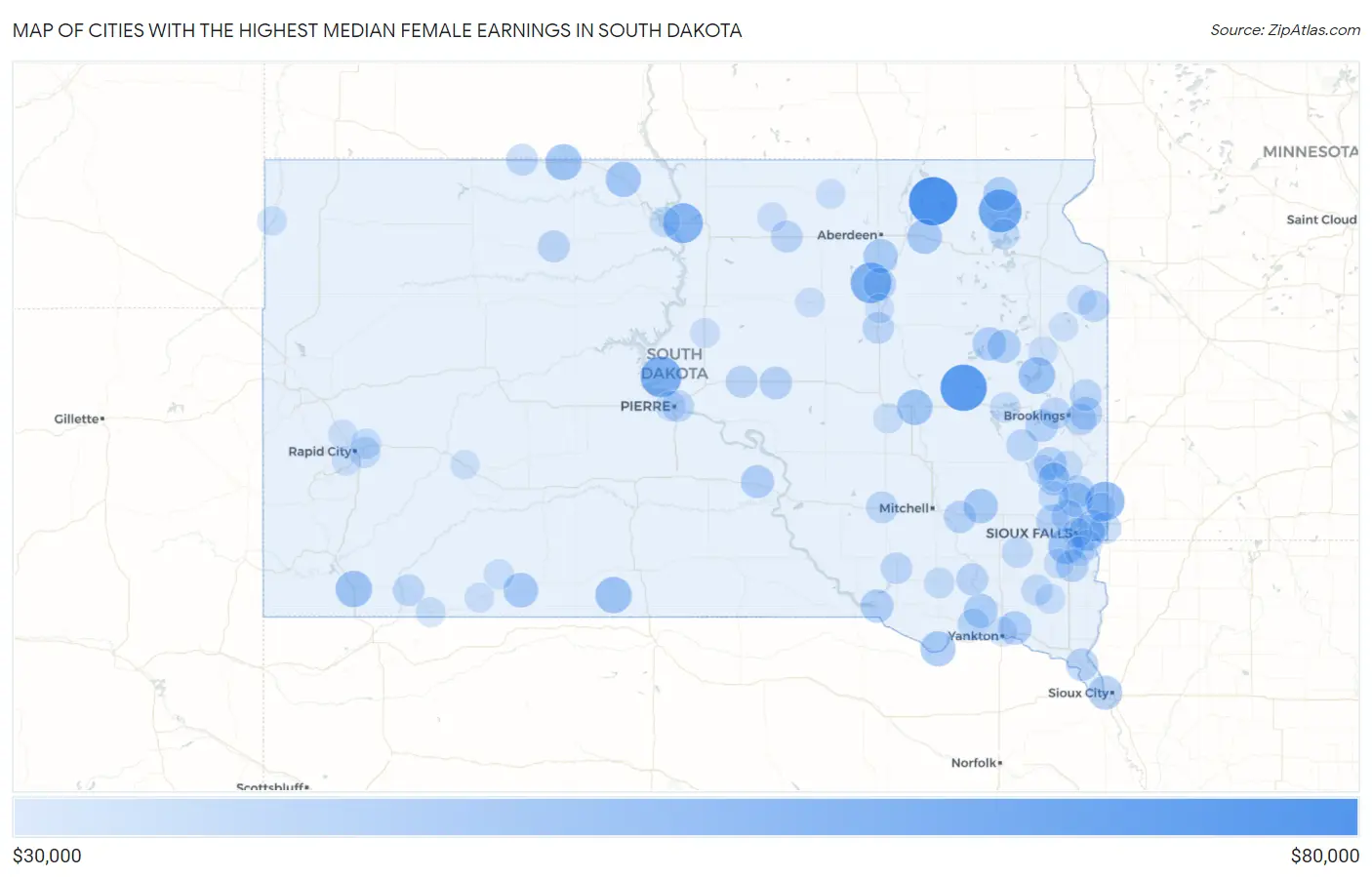 Cities with the Highest Median Female Earnings in South Dakota Map