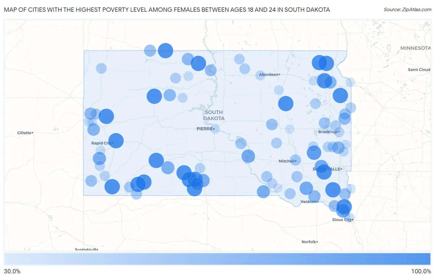 Cities with the Highest Poverty Level Among Females Between Ages 18 and 24 in South Dakota Map