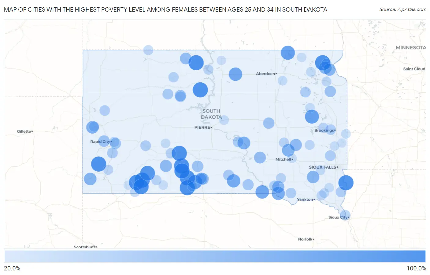 Cities with the Highest Poverty Level Among Females Between Ages 25 and 34 in South Dakota Map
