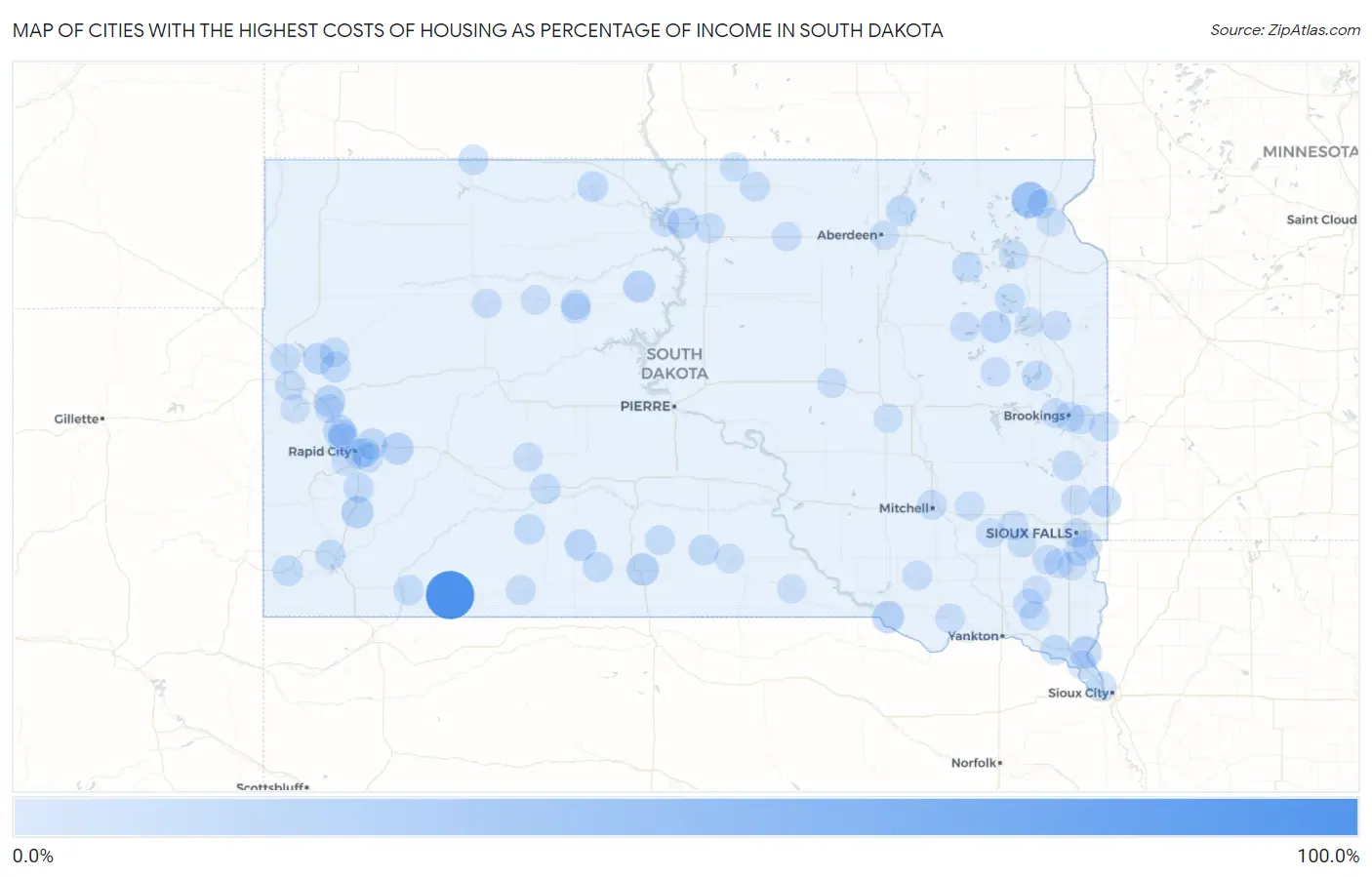 Cities with the Highest Costs of Housing as Percentage of Income in South Dakota Map