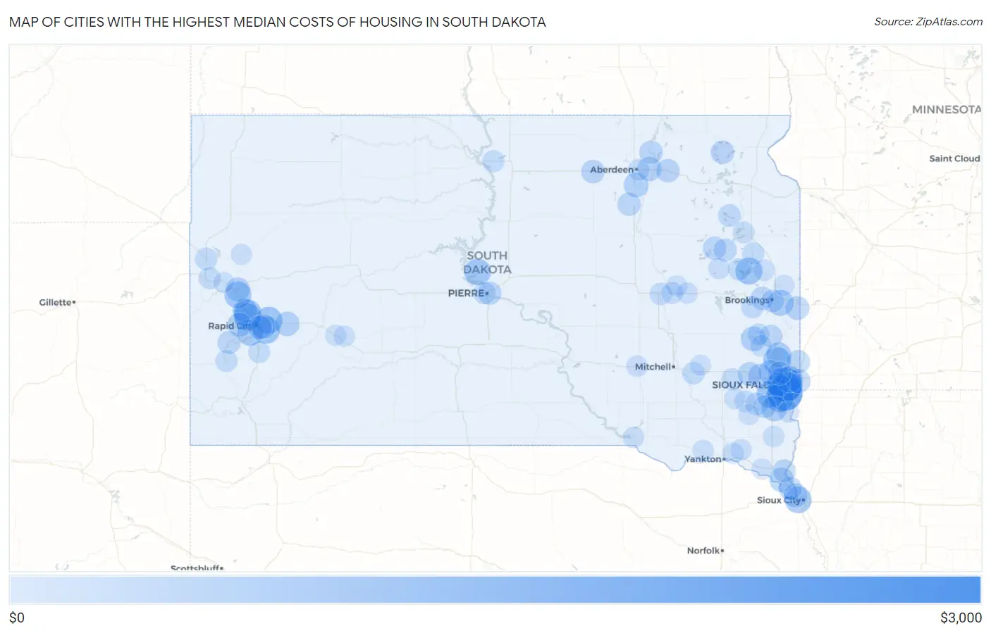 Cities with the Highest Median Costs of Housing in South Dakota Map
