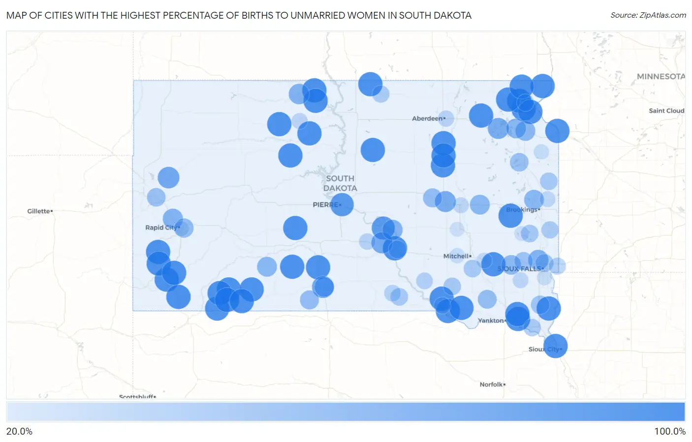 Cities with the Highest Percentage of Births to Unmarried Women in South Dakota Map