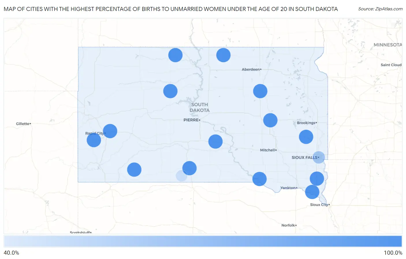 Cities with the Highest Percentage of Births to Unmarried Women under the Age of 20 in South Dakota Map