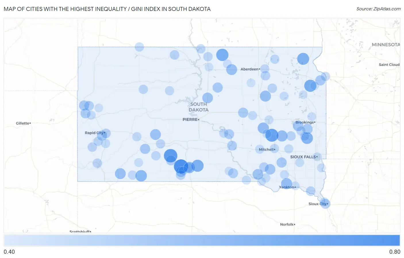 Cities with the Highest Inequality / Gini Index in South Dakota Map