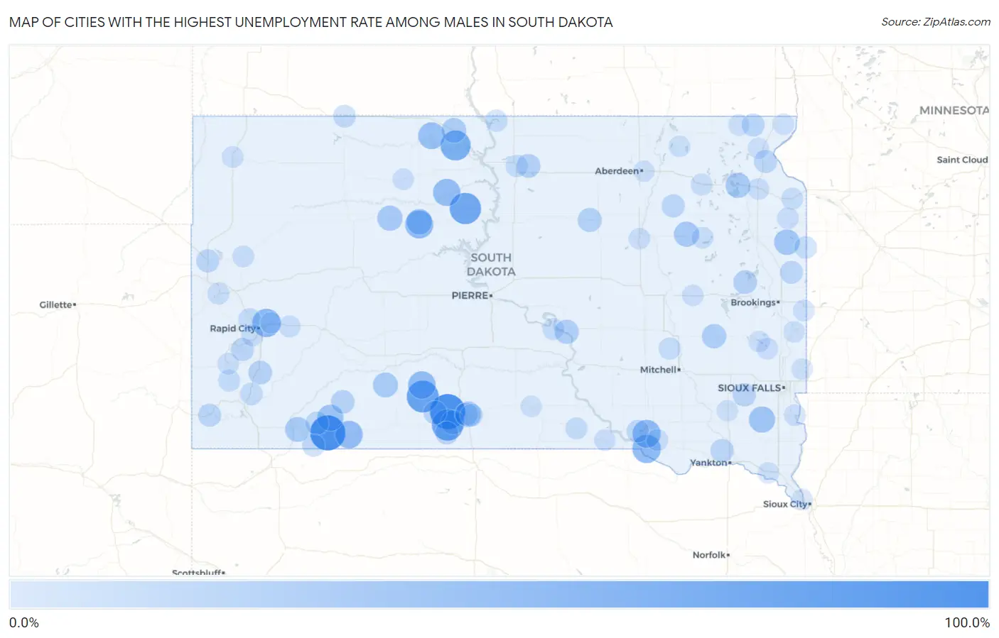 Cities with the Highest Unemployment Rate Among Males in South Dakota Map