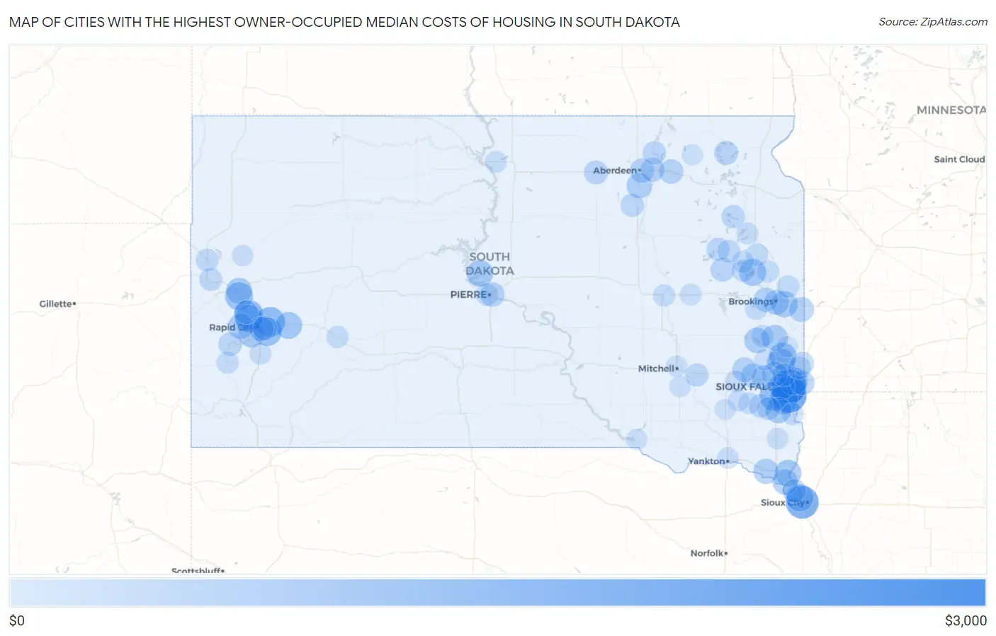 Cities with the Highest Owner-Occupied Median Costs of Housing in South Dakota Map