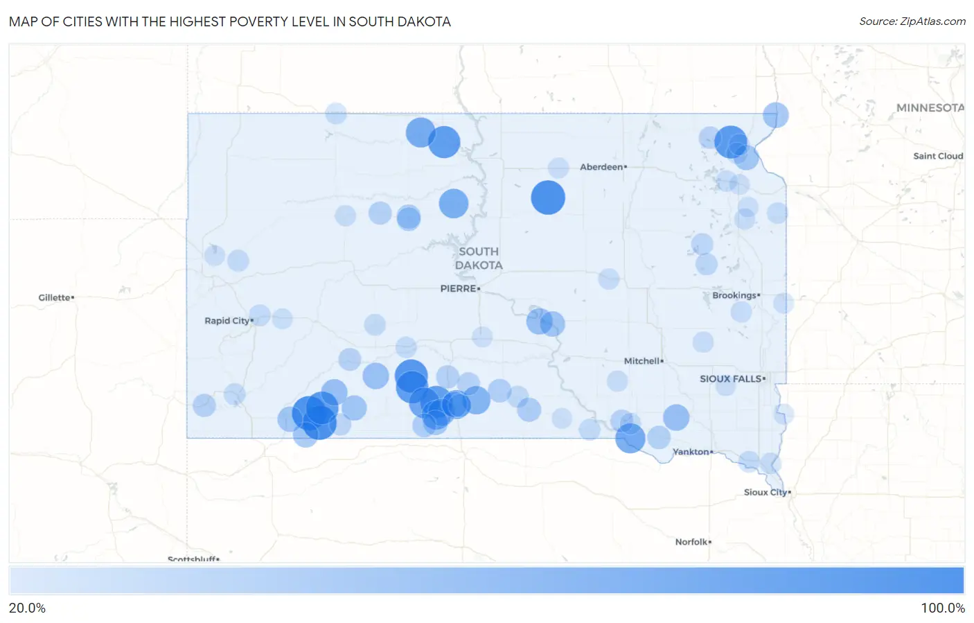 Cities with the Highest Poverty Level in South Dakota Map