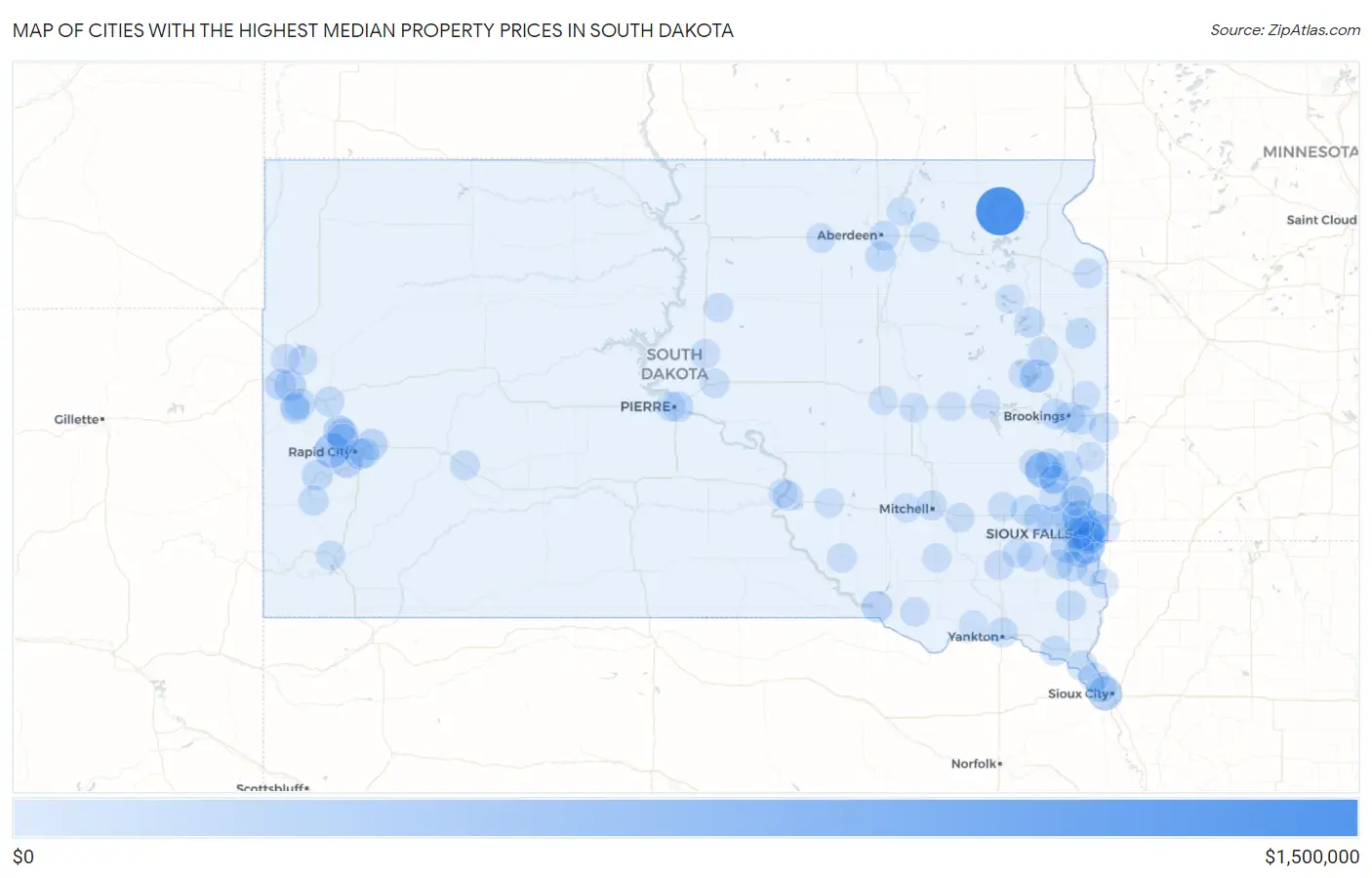 Cities with the Highest Median Property Prices in South Dakota Map