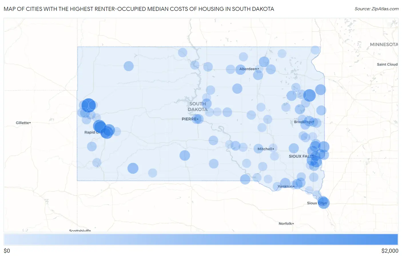 Cities with the Highest Renter-Occupied Median Costs of Housing in South Dakota Map