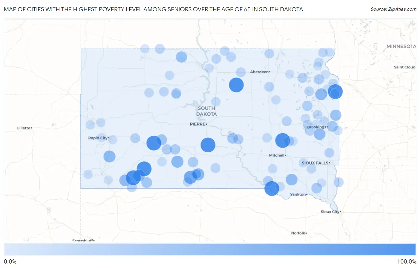 Cities with the Highest Poverty Level Among Seniors Over the Age of 65 in South Dakota Map