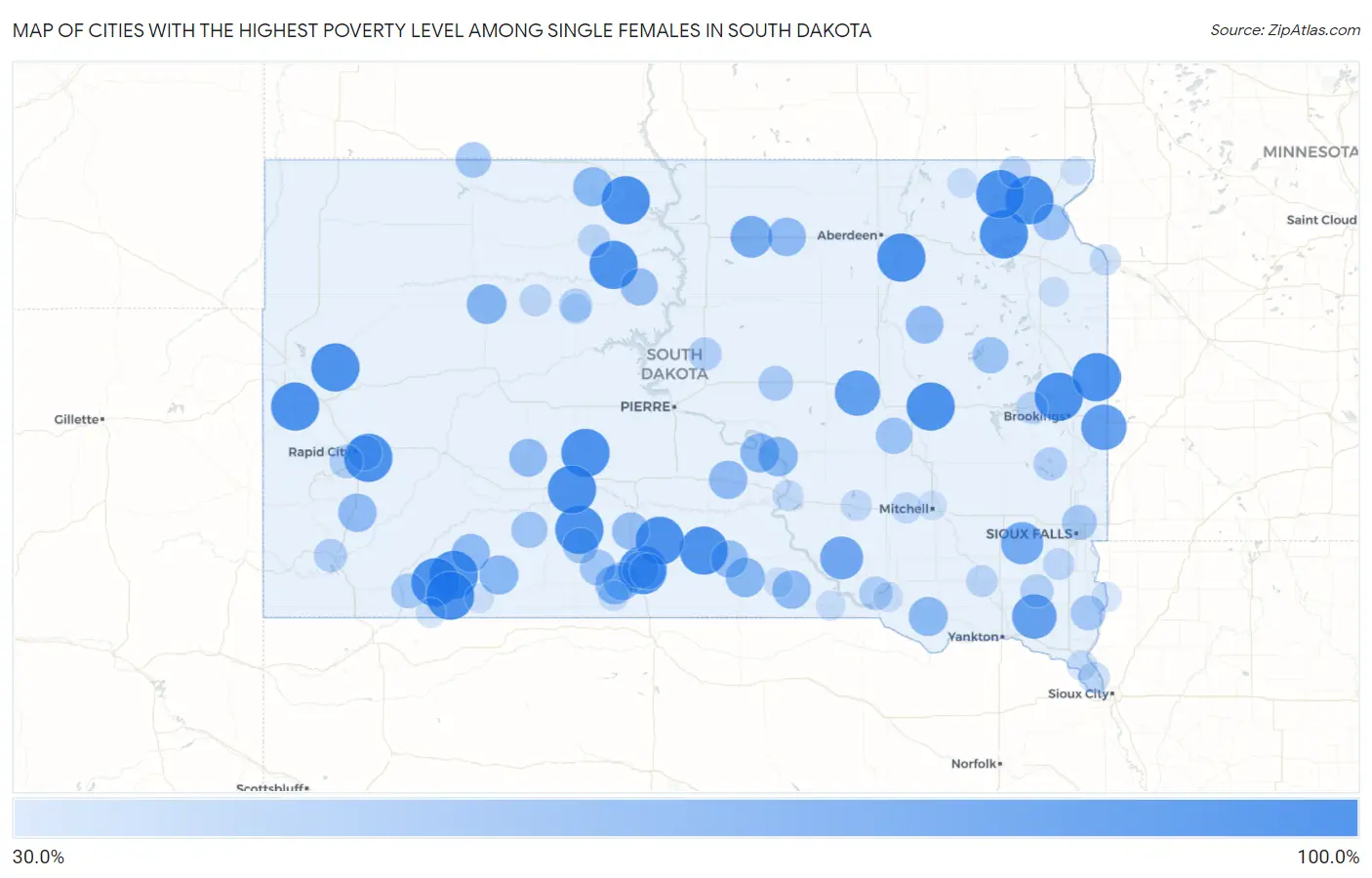 Cities with the Highest Poverty Level Among Single Females in South Dakota Map