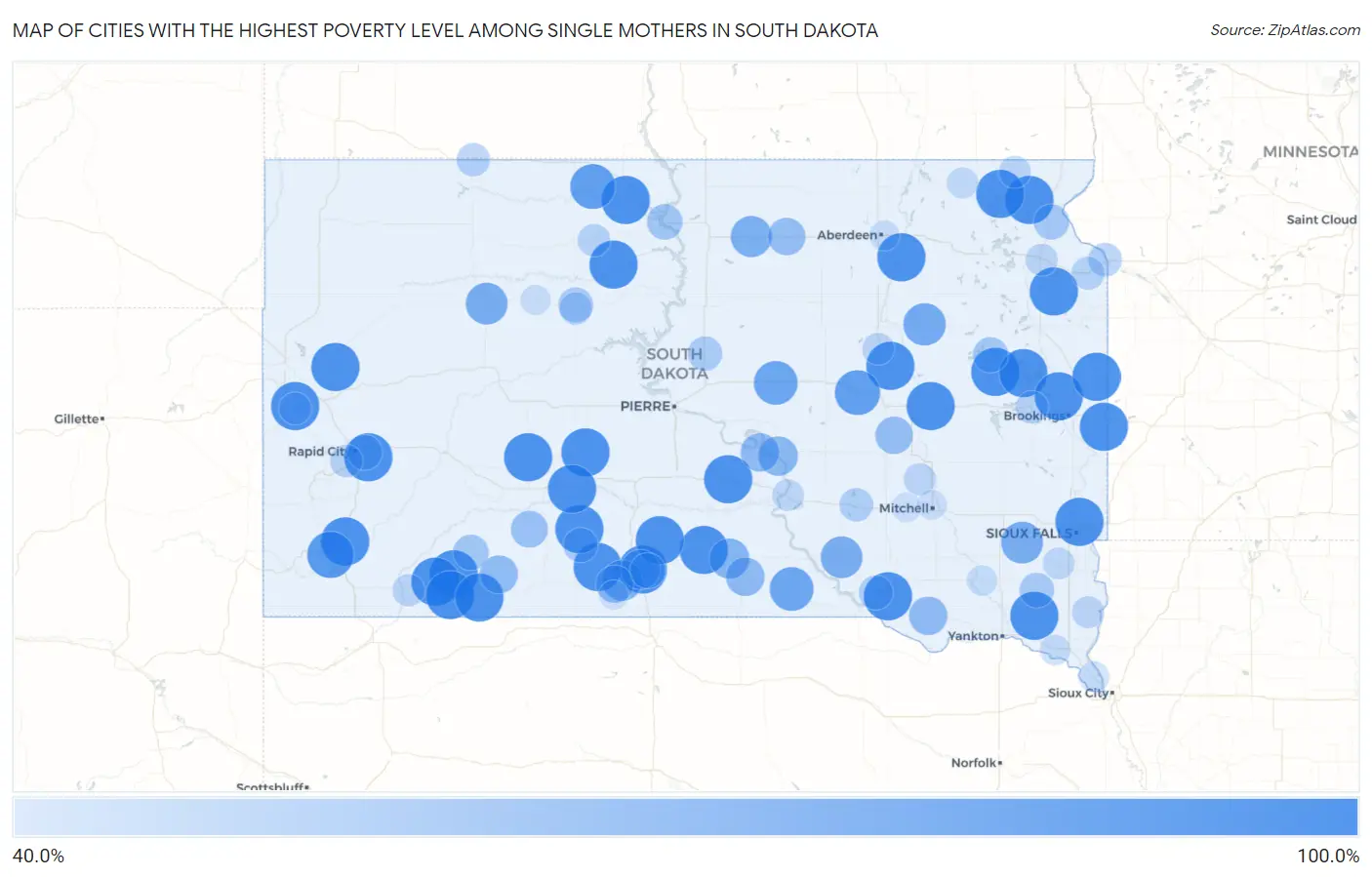 Cities with the Highest Poverty Level Among Single Mothers in South Dakota Map