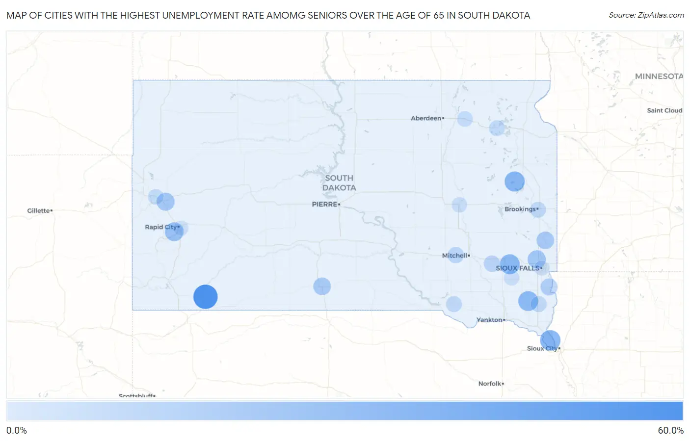 Cities with the Highest Unemployment Rate Amomg Seniors Over the Age of 65 in South Dakota Map