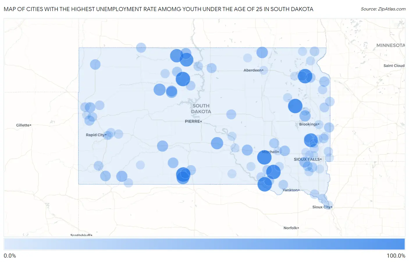 Cities with the Highest Unemployment Rate Amomg Youth Under the Age of 25 in South Dakota Map