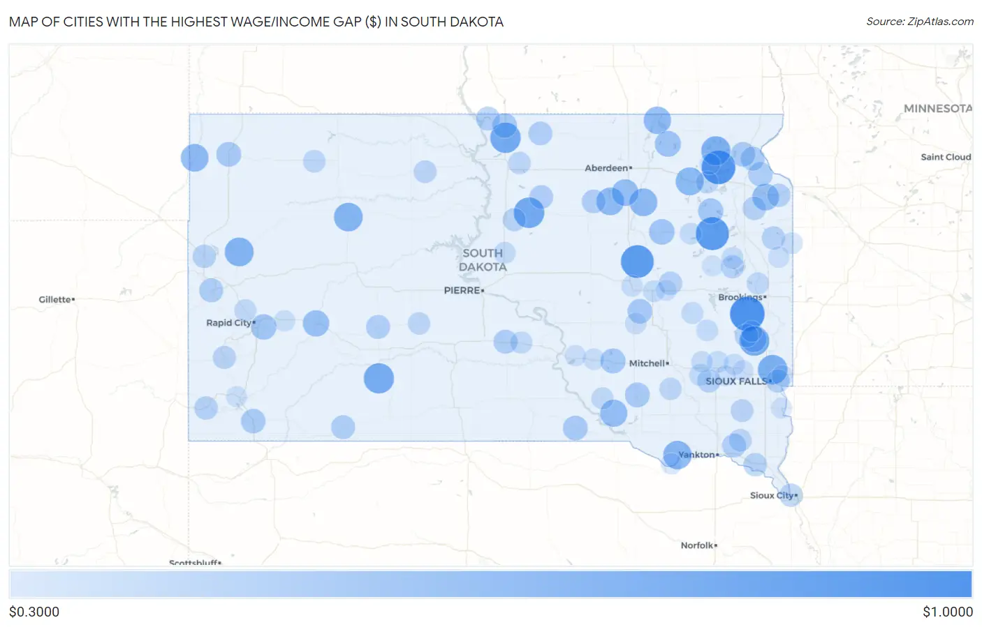 Cities with the Highest Wage/Income Gap ($) in South Dakota Map