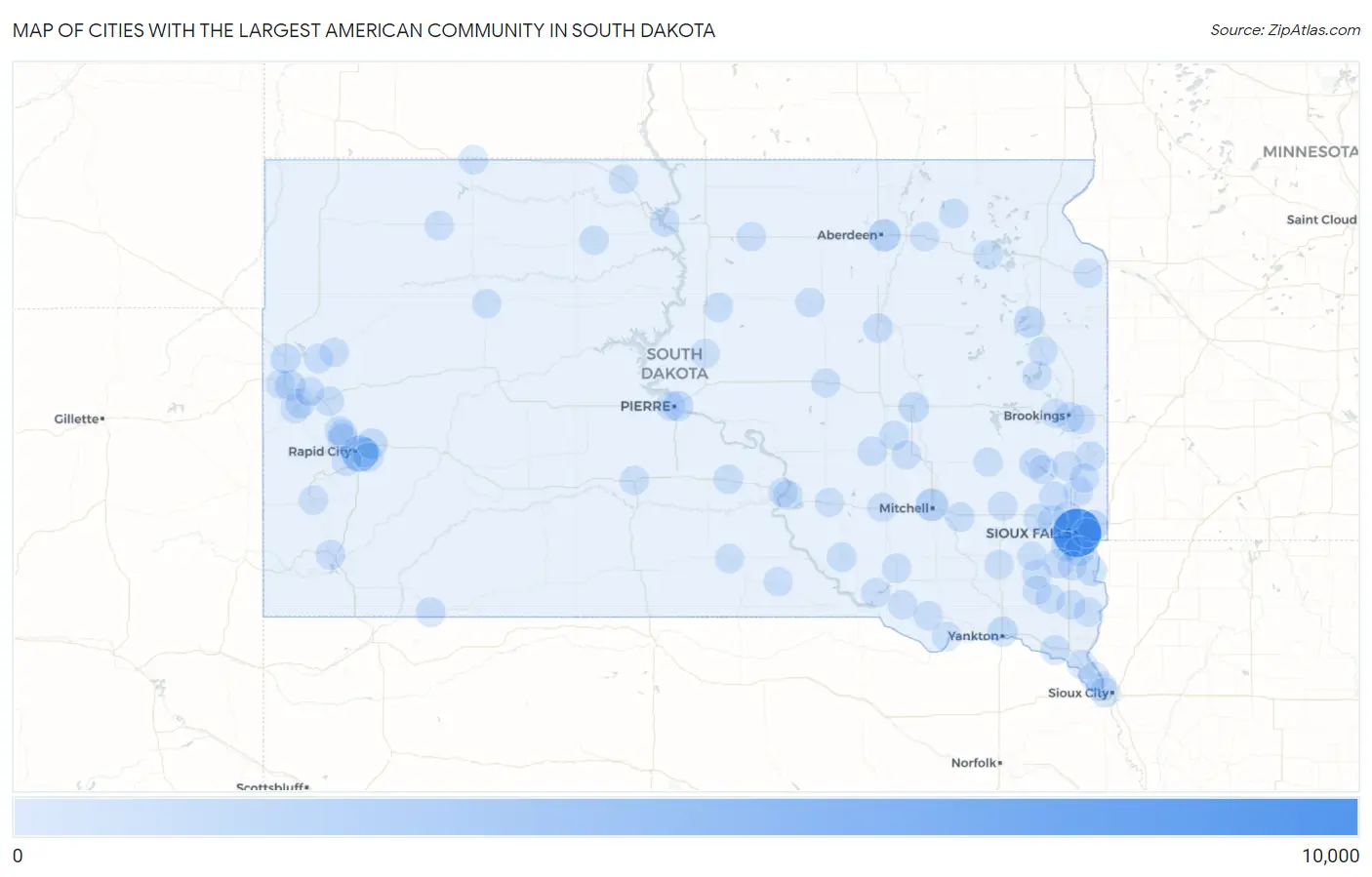 Cities with the Largest American Community in South Dakota Map