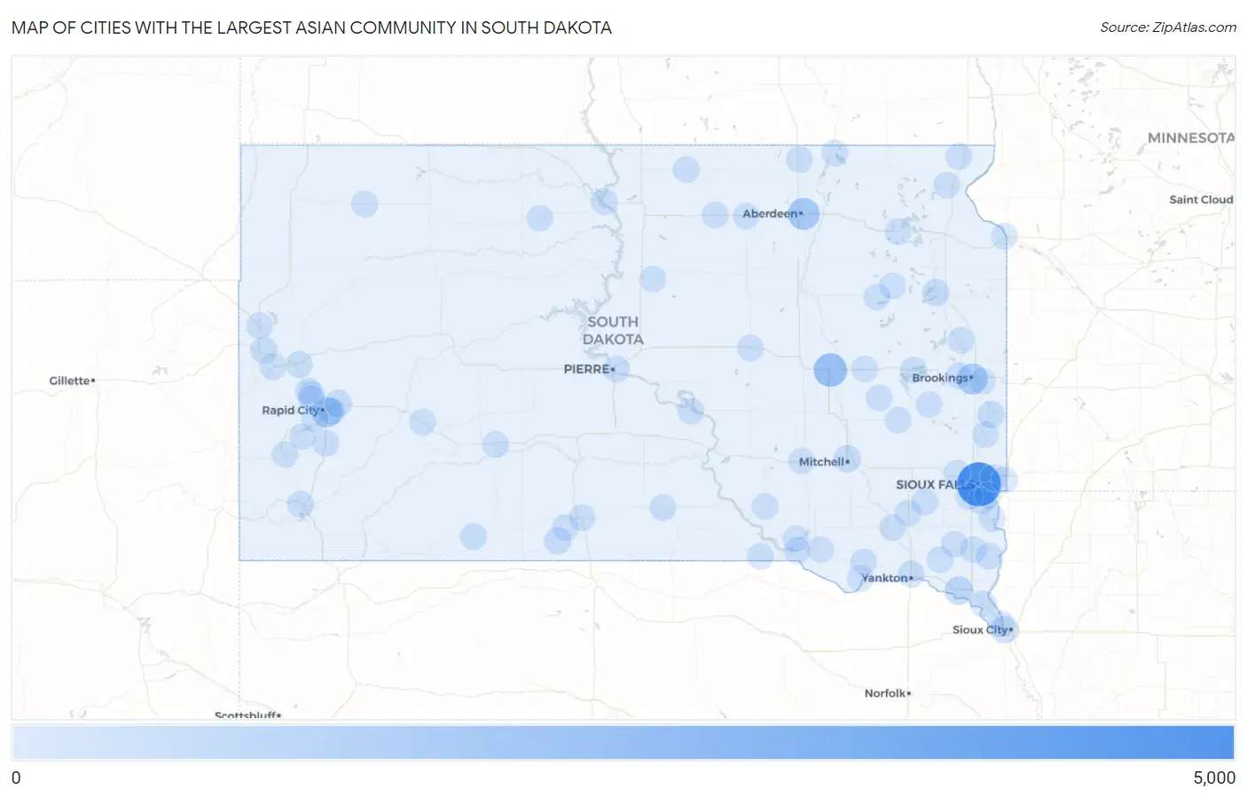 Cities with the Largest Asian Community in South Dakota Map